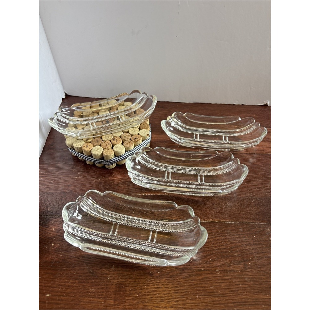 Vintage American Zipper Pattern Glass‎ Dish Banana Split Boats Set Of 4